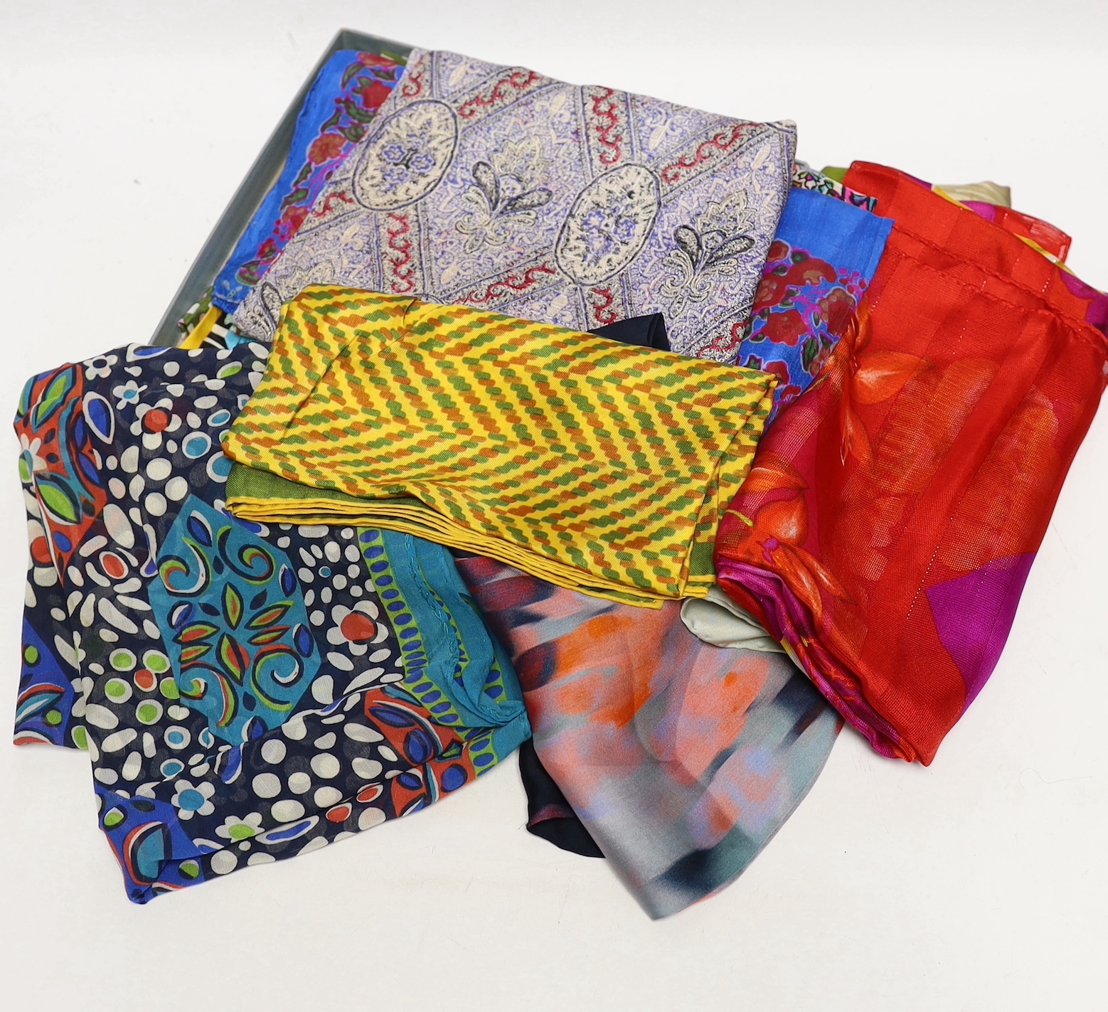 A collection of twenty one mixed silk and velour scarves, including Christian Dior, Pierre Cardin etc.